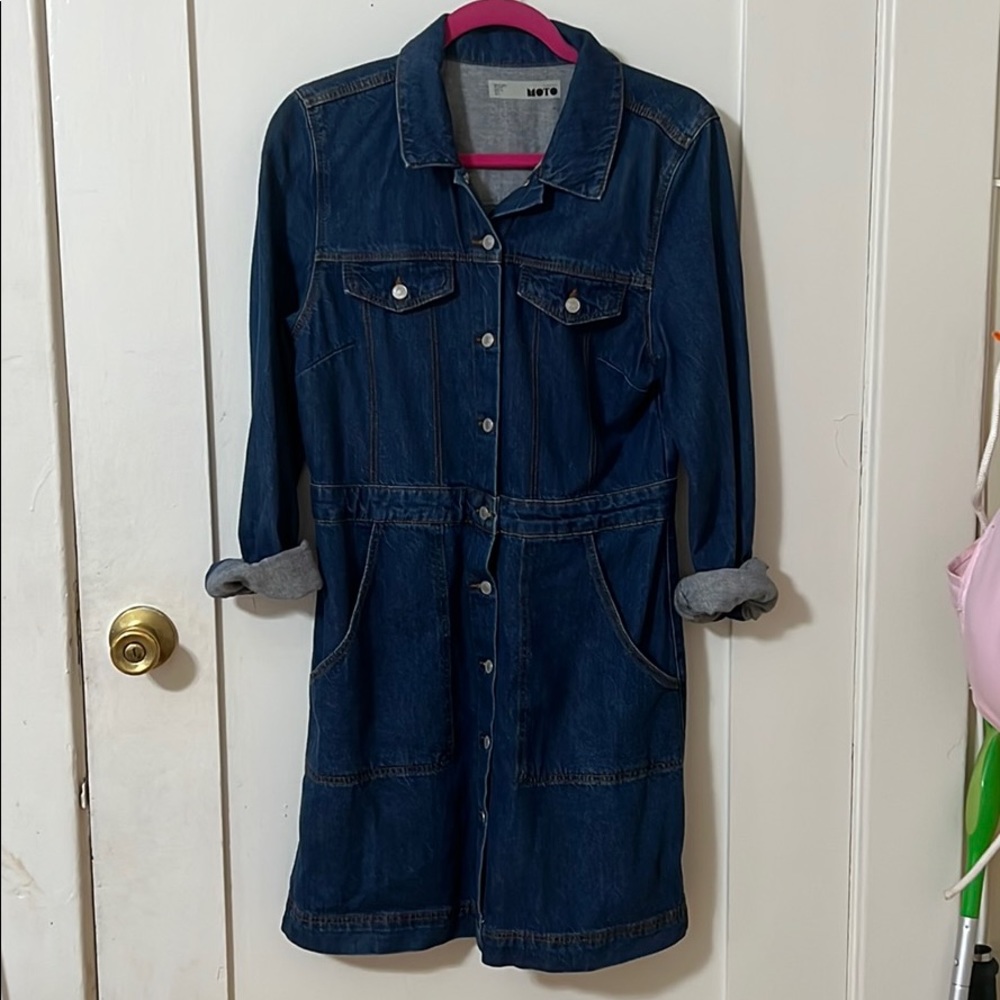 Topshop Moto Denim Jean Long Sleeve Dress Size 10 - Picture 2 of 8